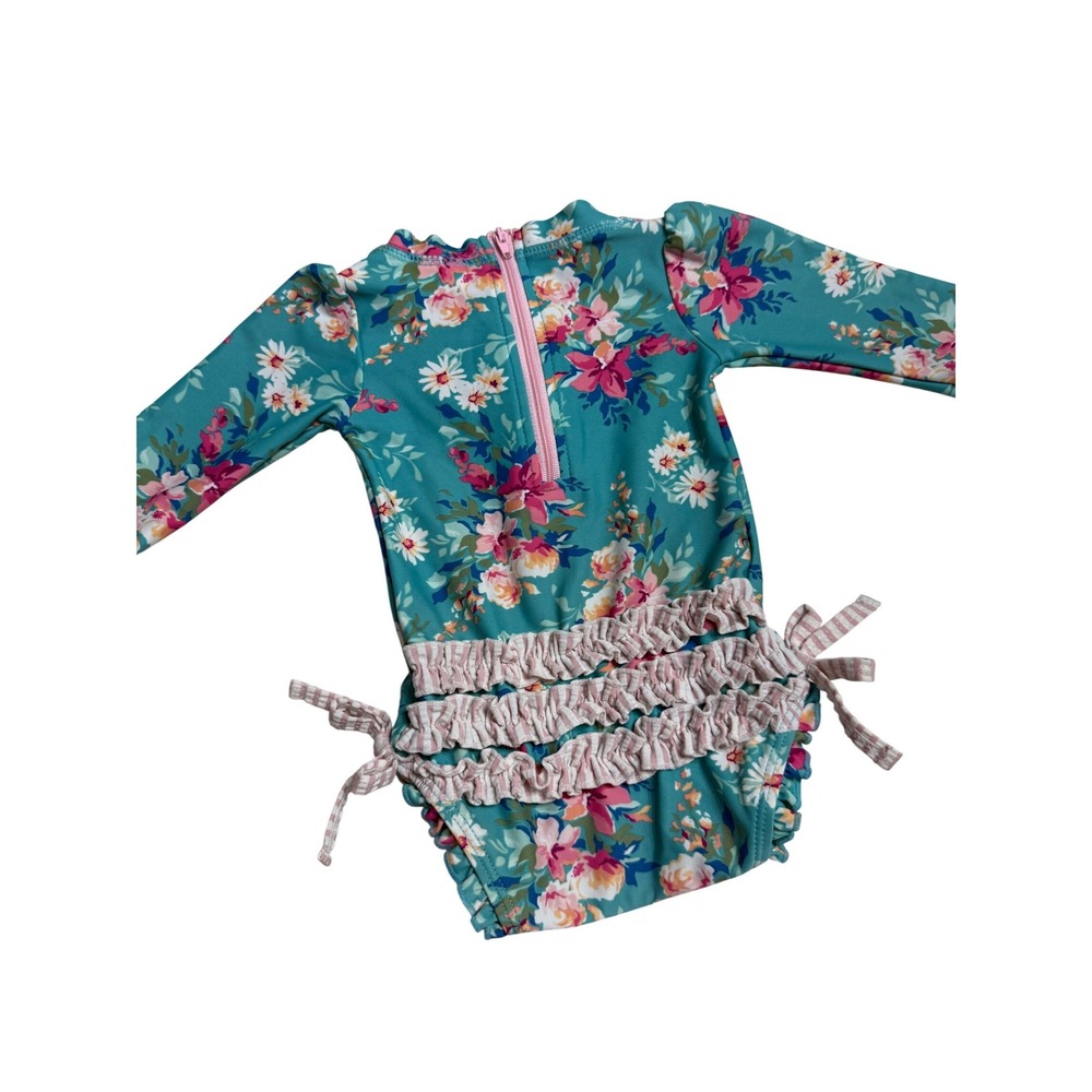 RuffleButts Floral Rash Guard Swimsuit Baby 0-3m Teal EUC Long Sleeve Ruffle